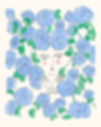 'Florecer' is a gouache portrait of a blushing face surrounded by blue flowers