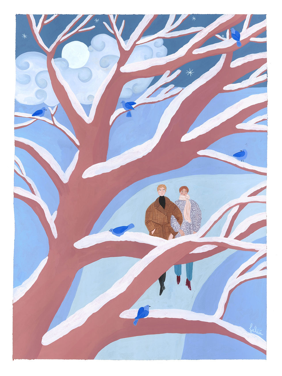 'Little Birds of Winter' is a gouache painting of a couple walking in a park on a full moon night