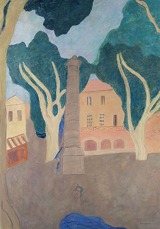 Peinture d’une place avec un obélisque entouré d’arbres
