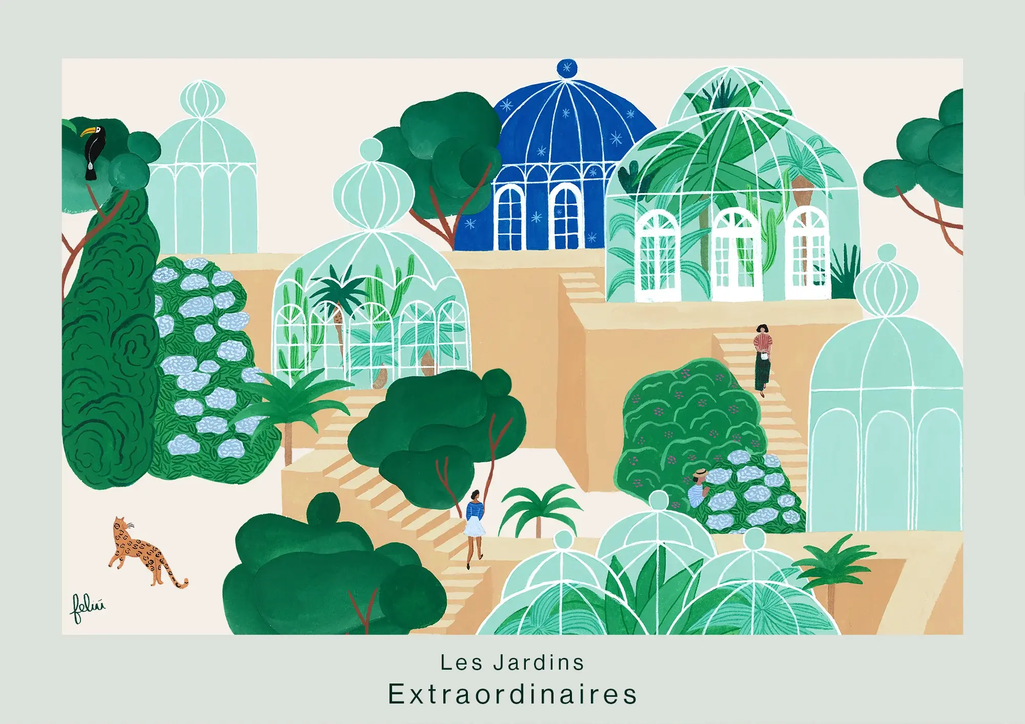 Illustrated garden with glasshouses, terraces, palm trees and small wandering figures in soft green and blue tones.