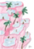 Illustration of Pamukkale hot springs reimagined with pink terraces, palm trees, and bathers.