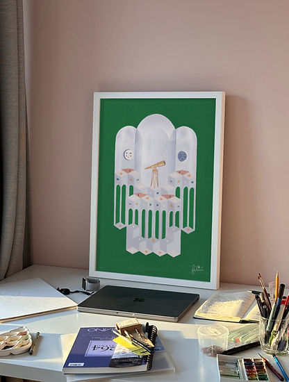 Framed art print featuring a surreal architectural structure with staircases, a telescope, and moon phases. The dreamlike composition blends astronomy and geometric design for a mysterious, celestial ambiance.