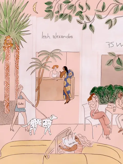 Illustrated storefront scene created for the jewellery brand Leah Alexandra, showing women interacting in and around the boutique in a soft, urban setting.