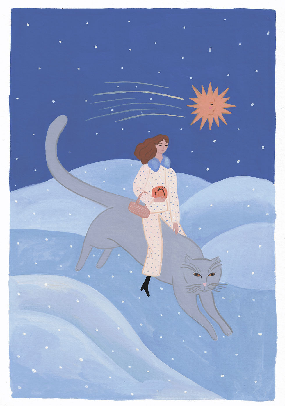 Original gouache painting by Isabelle Feliu of a young woman riding a giant cat through the Christmas night.