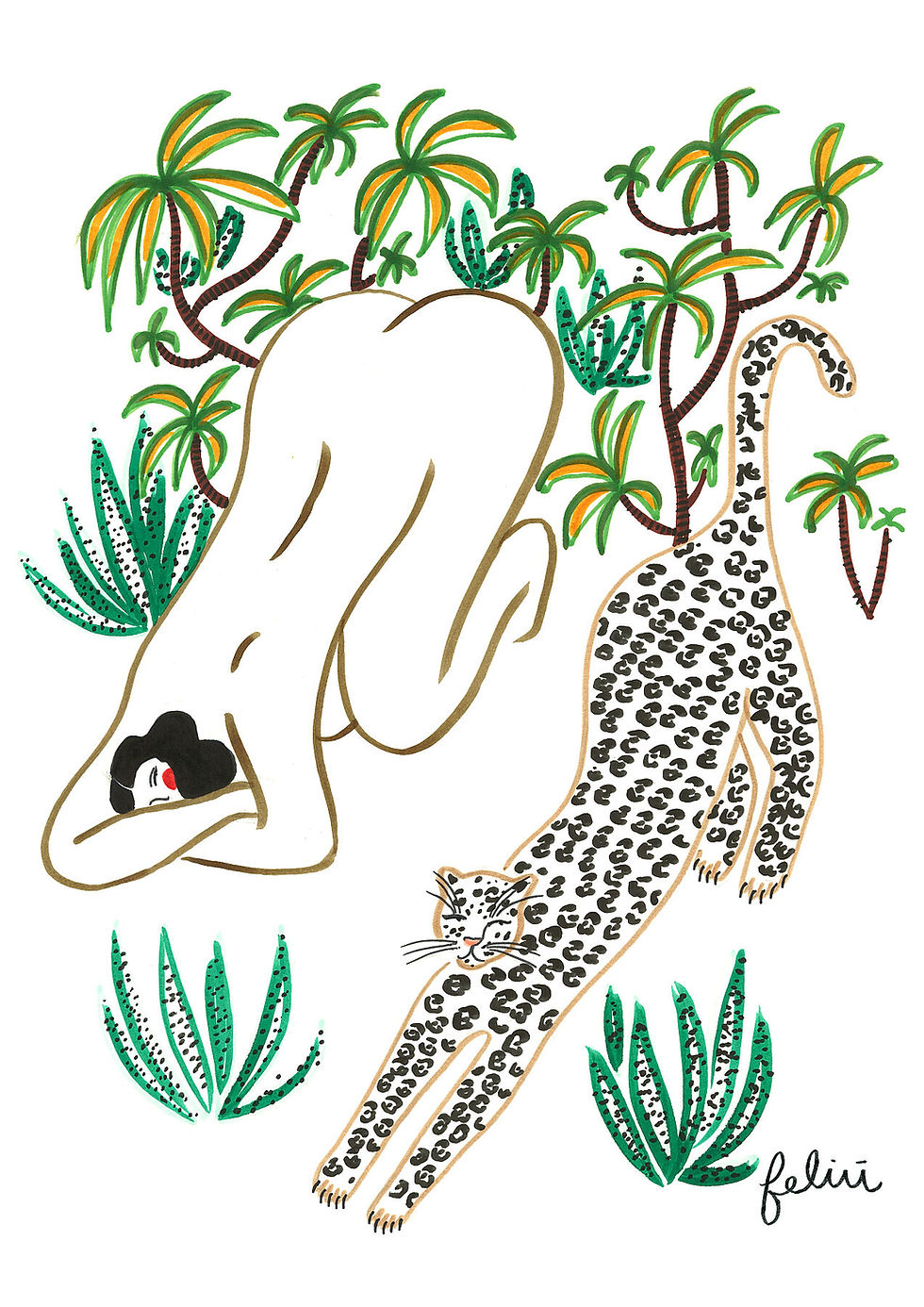 Woman and leopard doing yoga