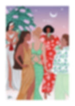 Gouache painting of a tropical party at sunset under pink bougainvillea.