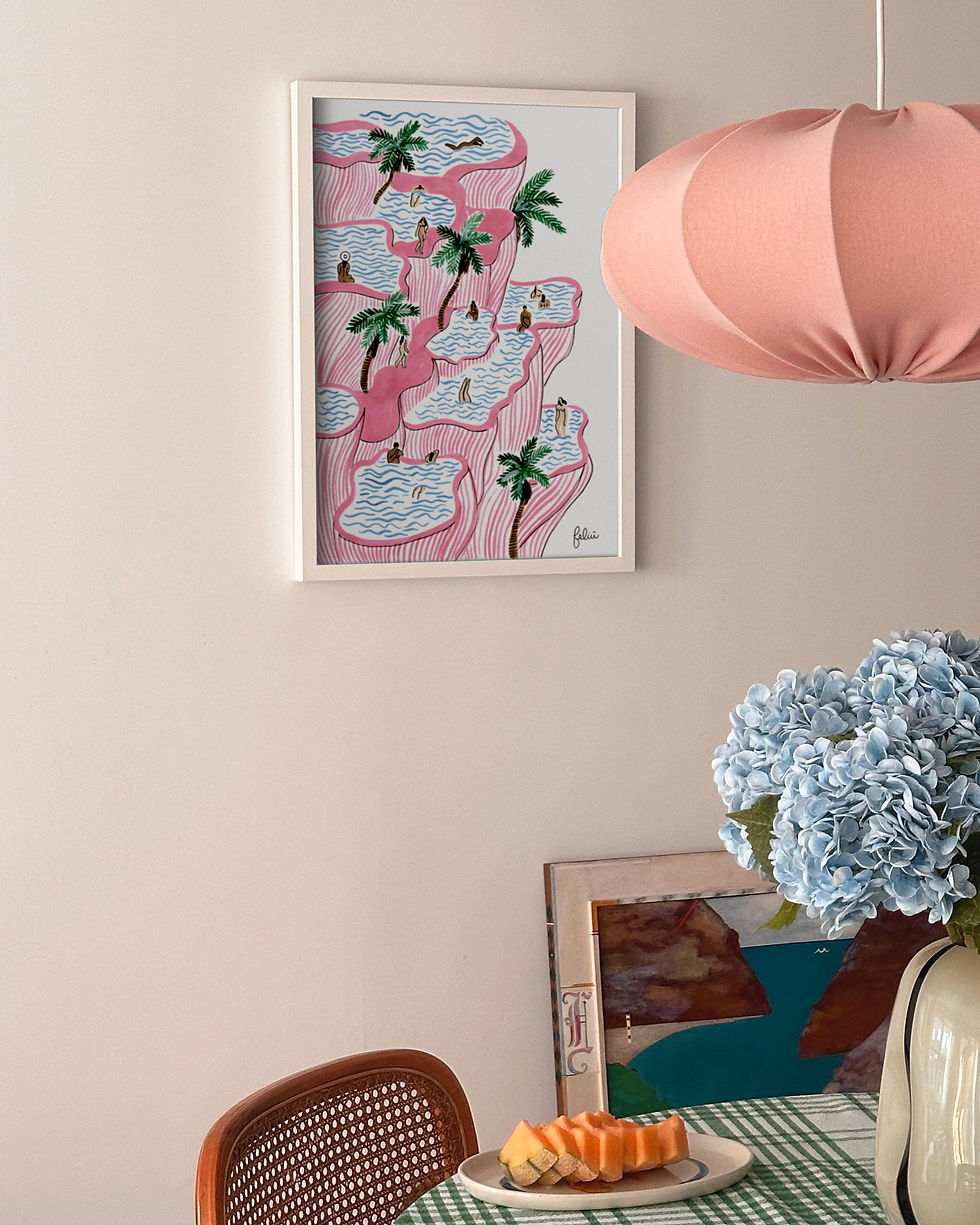 Framed art print of Pamukkale hot springs reimagined with pink terraces, palm trees, and bathers.