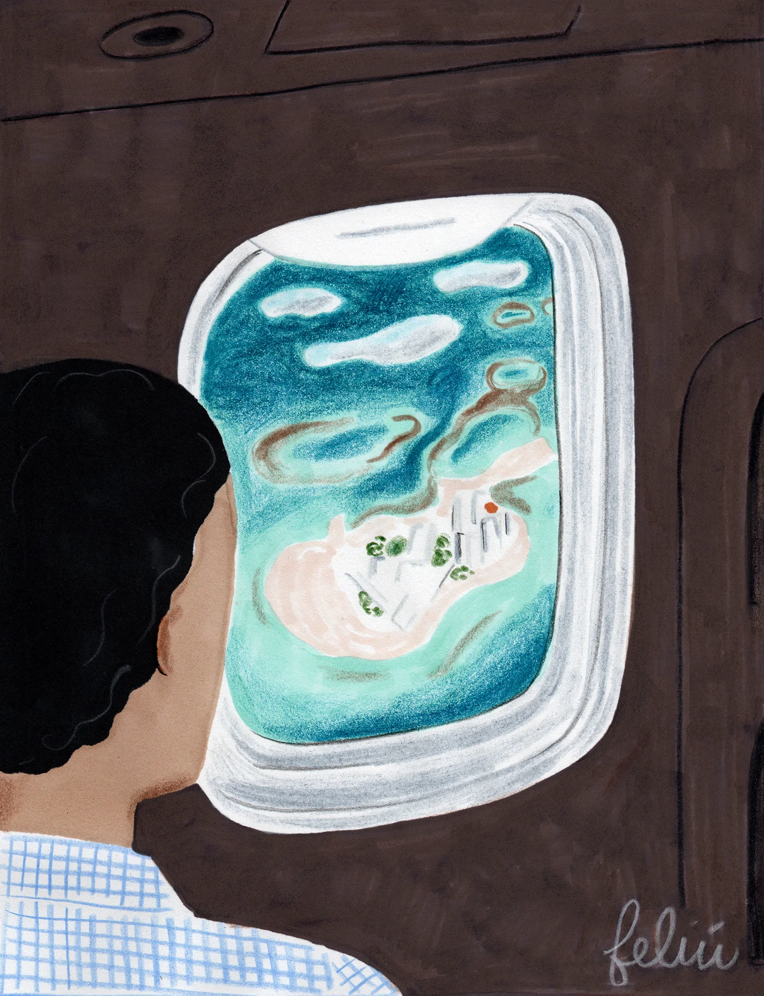 Illustration of atolls and small islands seen from above, inspired by a flight to the Maldives.