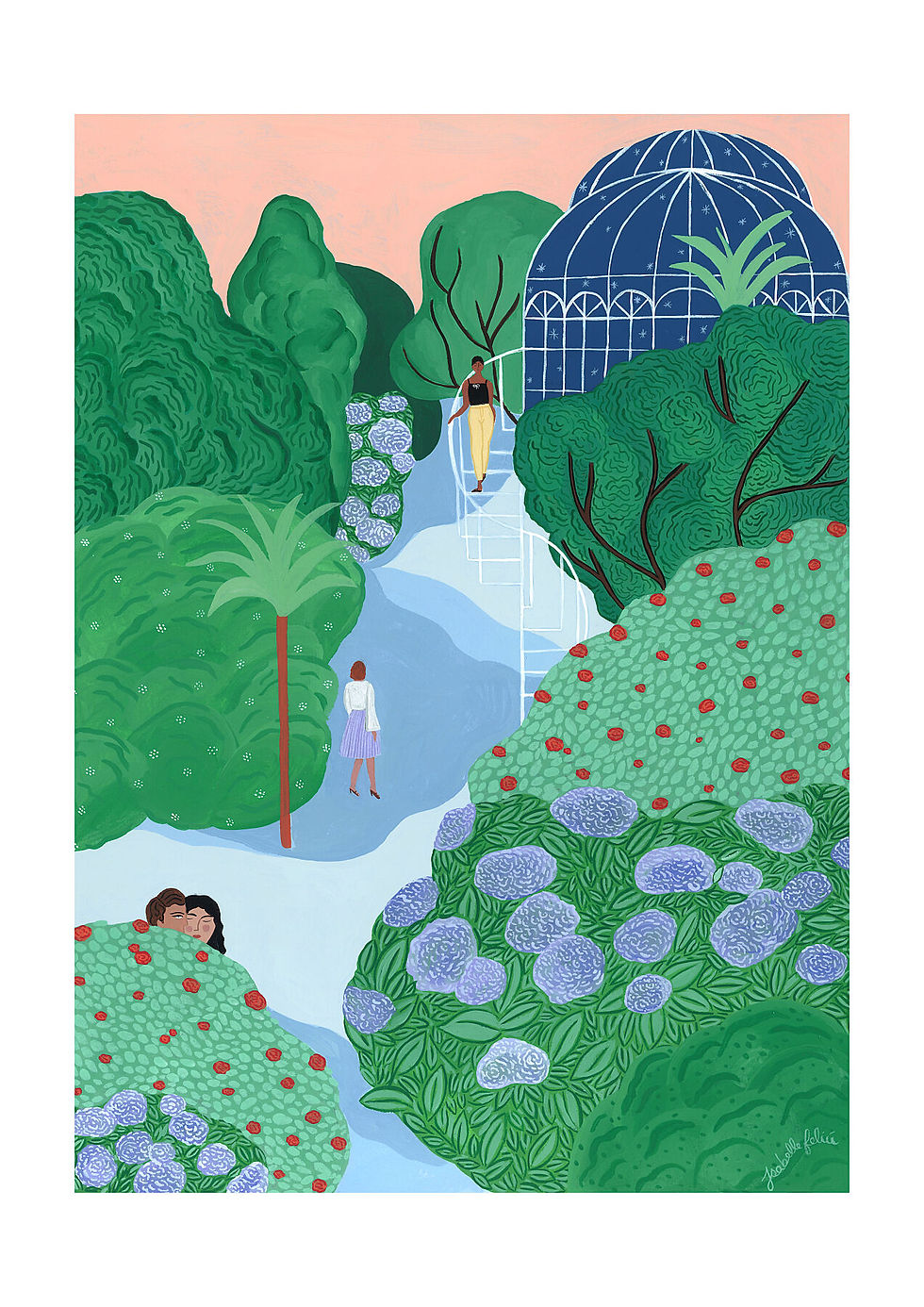 Different characters walking through a park