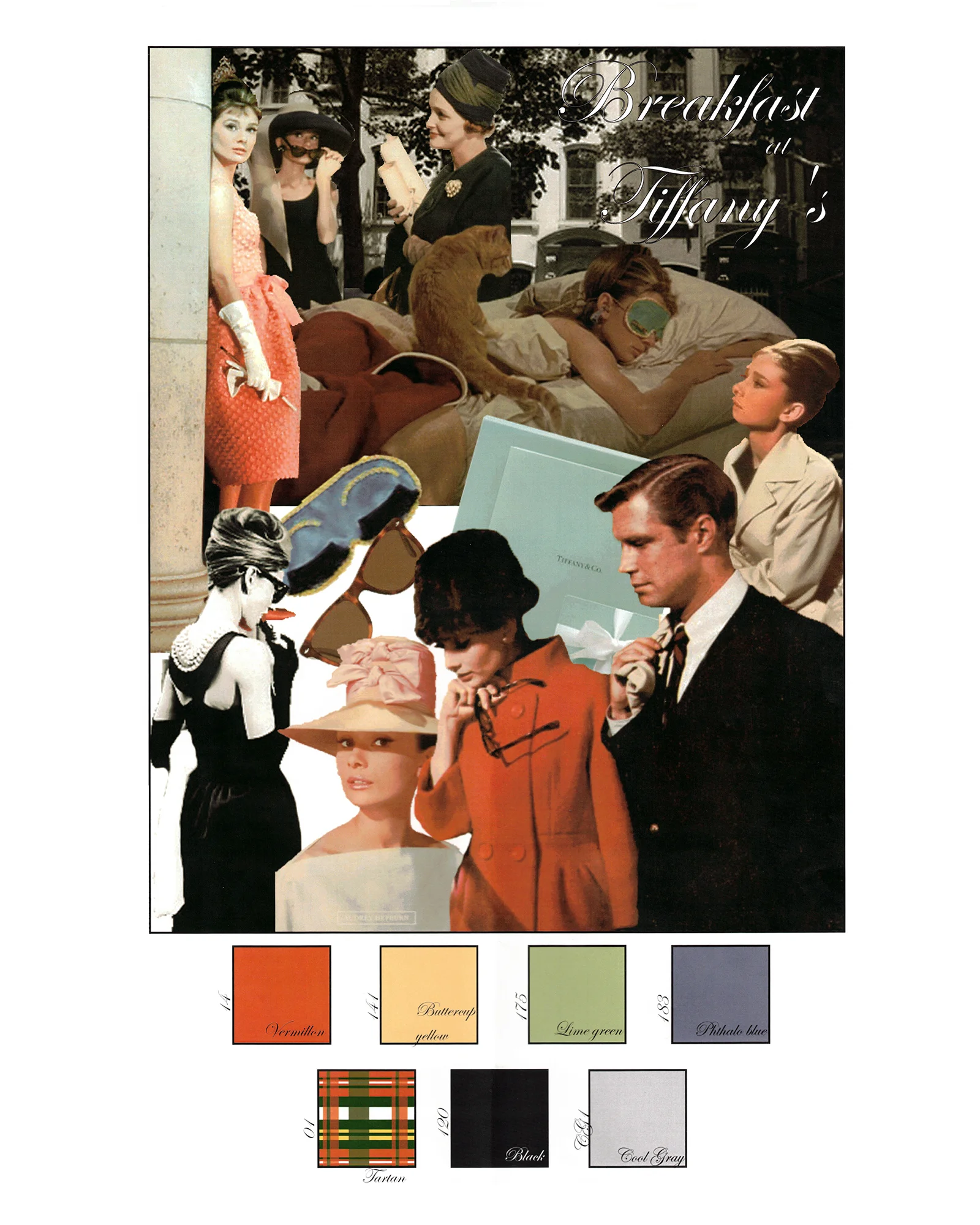 Fashion mood board inspired by Breakfast at Tiffany’s, featuring vintage imagery and a pastel color palette.