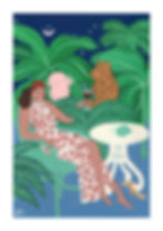Gouache painting of a woman receiving a cocktail from a leopard in a garden.