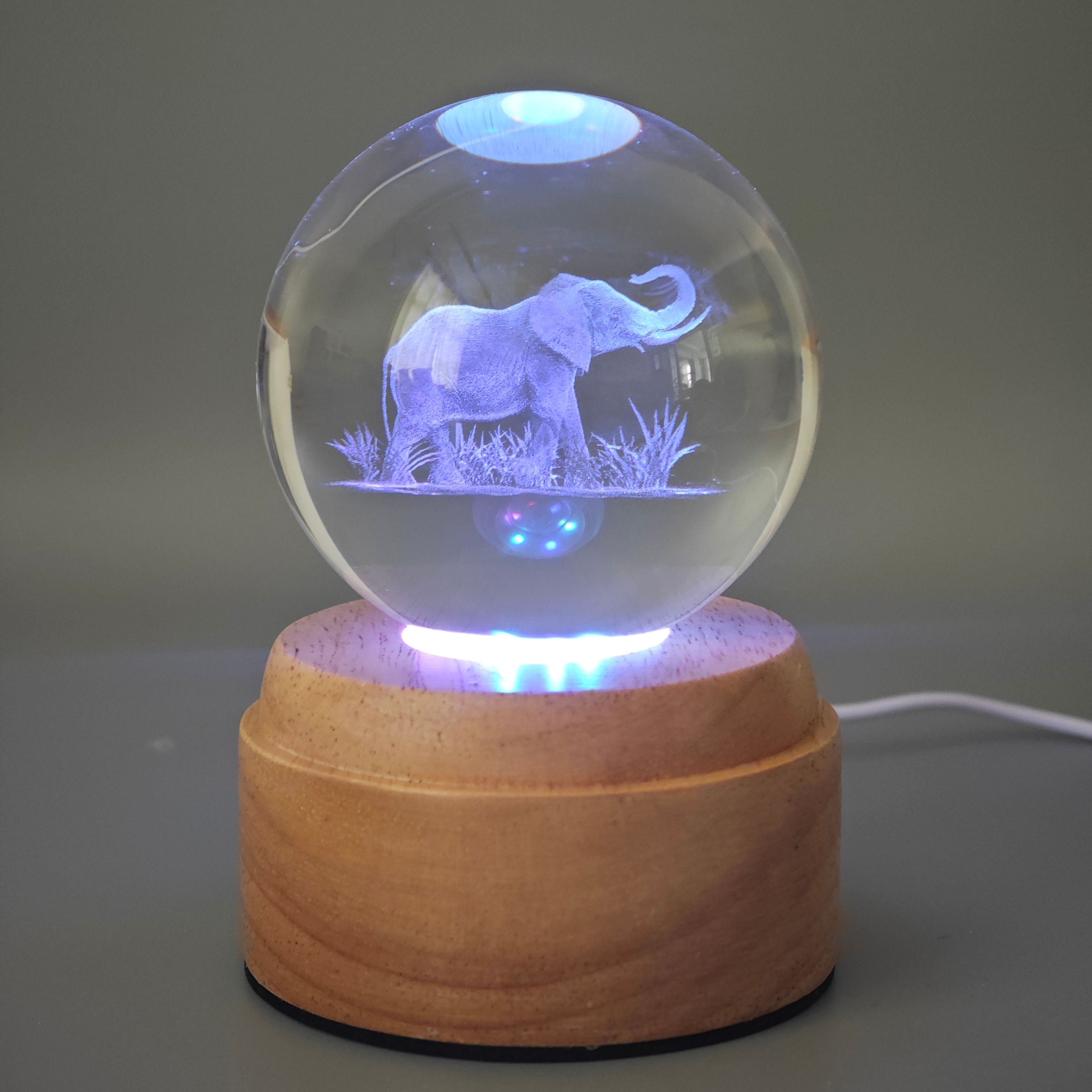 Elephant Rotating 3D Crystal Globe Light -Wood Base