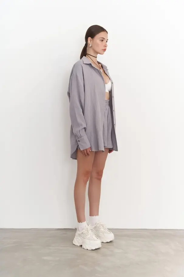 Thumbnail: Palma Gray Muslin Shirt & Shorts Set