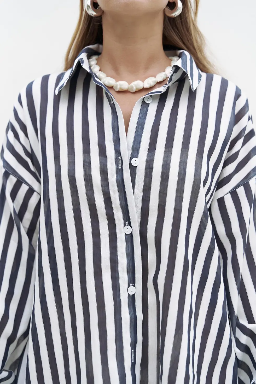 Thumbnail: Rosy Sheer Striped Oversized Shirt