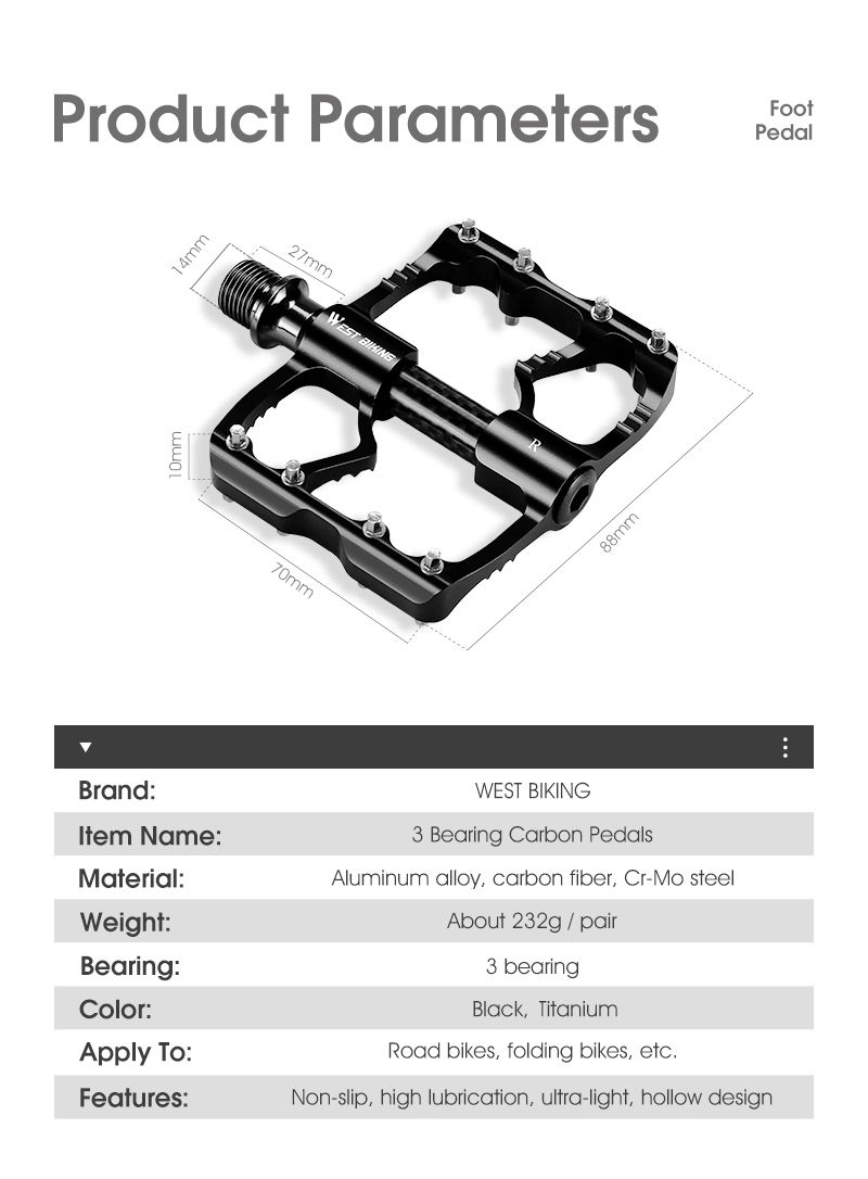 Thumbnail: WEST BIKING 3 Bearings Bike Pedal Ultralight Carbon Fiber Bicycle Flat Pedal Ant
