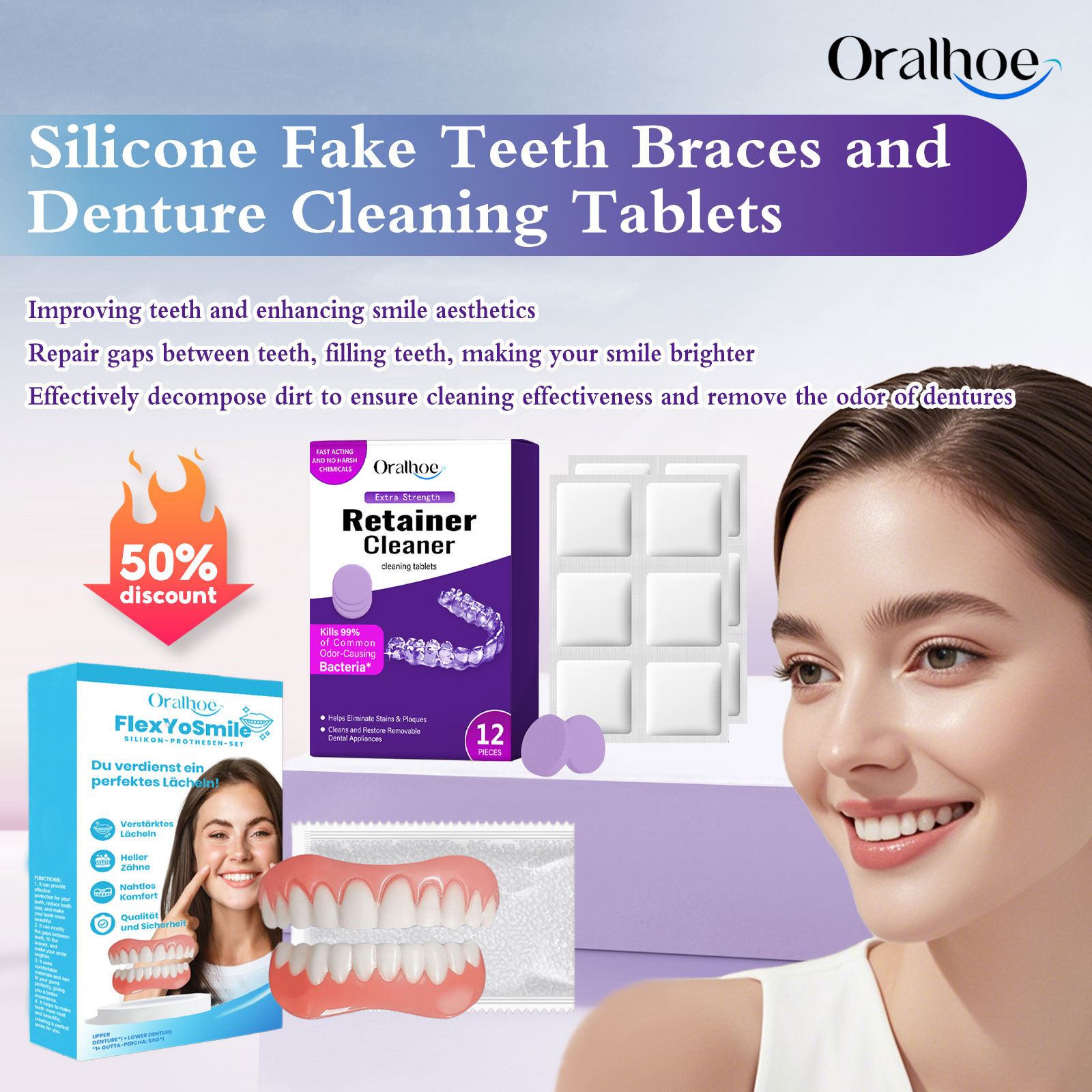 Oralhoe False Teeth Beauty Kits Teeth Retainer Clean Tablets Perfect Fit Teeth W