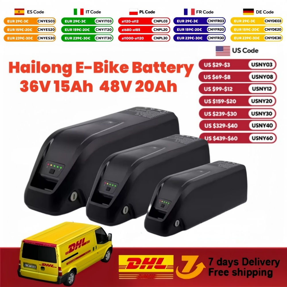 36V 48V 52V Hailong Ebike Battery with Charger Full Capacity 10Ah 15Ah 20Ah Powe