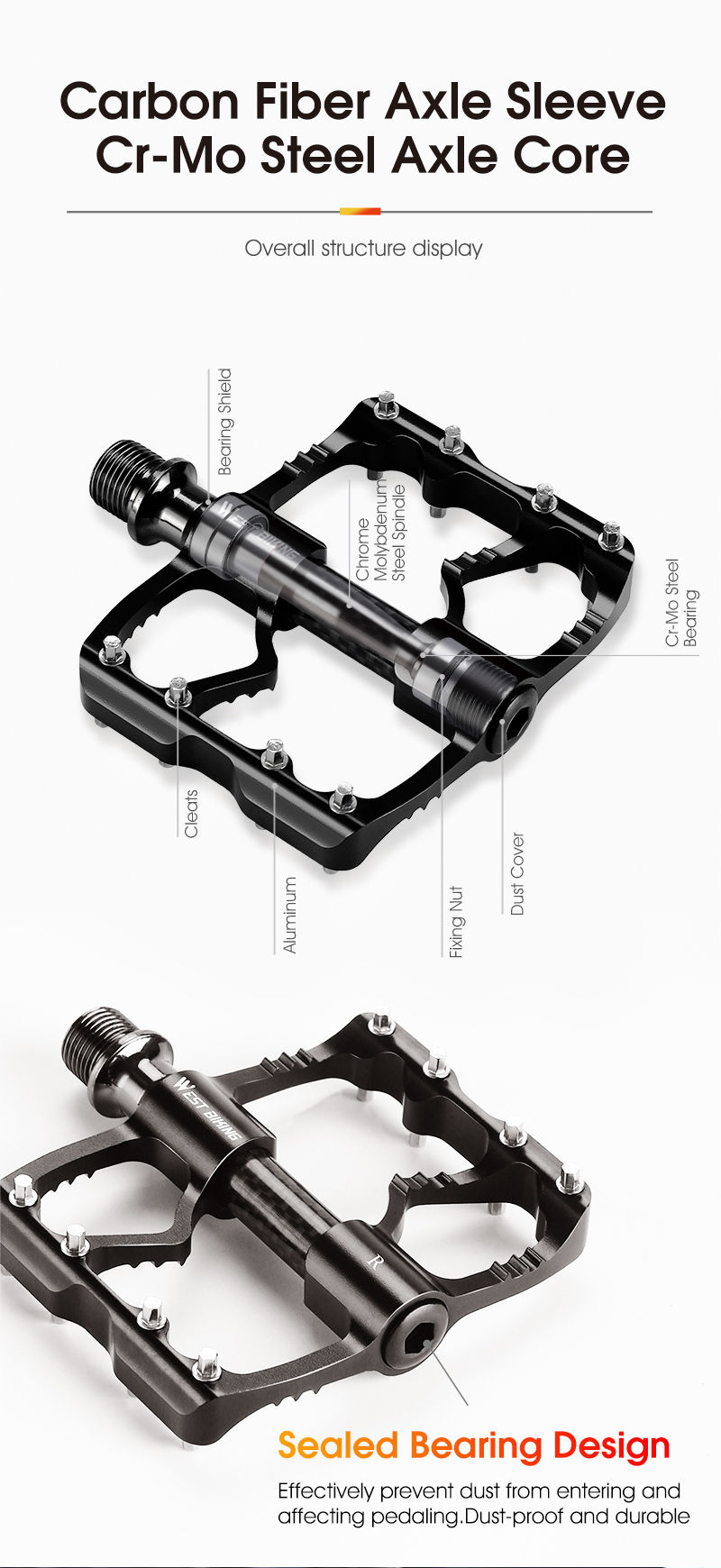 Thumbnail: WEST BIKING 3 Bearings Bike Pedal Ultralight Carbon Fiber Bicycle Flat Pedal Ant