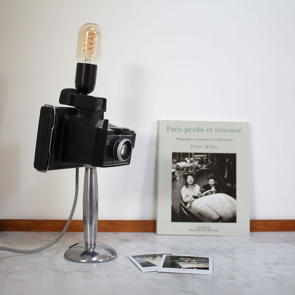 Lampe à poser polaroïd posée sur pied métal. Ampoule flash. Vue profil.