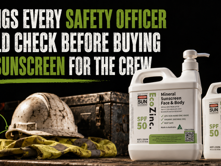 Charcoal-black campaign-poster image headlined "7 Things Every Safety Officer Should Check Before Buying Bulk Sunscreen for the Crew" over a gritty worksite scene, showing EcoZinc zinc sunscreen.