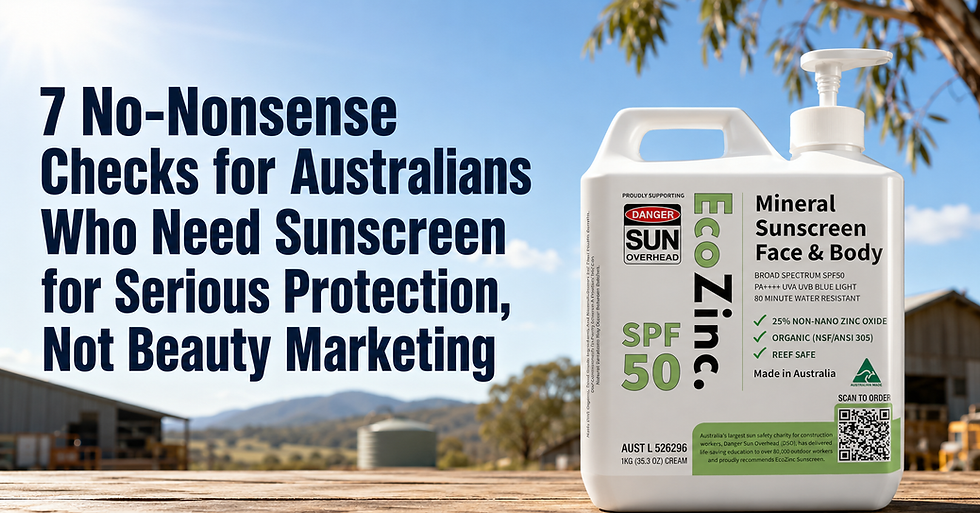 Graphic featuring EcoZinc zinc sunscreen with the title “7 No-Nonsense Checks for Australians Who Need Sunscreen for Serious Protection, Not Beauty Marketing”.
