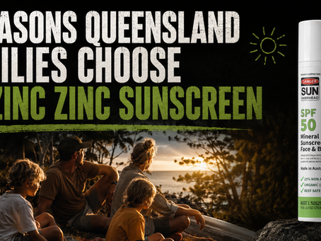 A gritty charcoal-black campaign-poster image headlined "7 Reasons Queensland Families Choose EcoZinc Zinc Sunscreen" over a warm-lit outdoor family scene, showing EcoZinc zinc sunscreen.