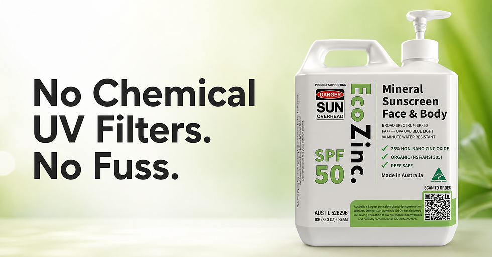 EcoZinc zinc sunscreen bottle beside the bold headline "No Chemical UV Filters, No Fuss: 6 Reasons Australians Are Choosing Mineral Zinc Sunscreen."