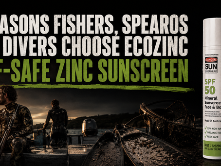 A gritty charcoal-black campaign-poster image headlined "6 Reasons Fishers, Spearos and Divers Choose EcoZinc Reef-Safe Zinc Sunscreen" over a moody dawn boat-deck scene, showing EcoZinc zinc sunscreen.