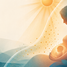 Abstract editorial illustration of a pregnant woman cradling a glowing baby form as golden particles pass through a translucent barrier from the sun.