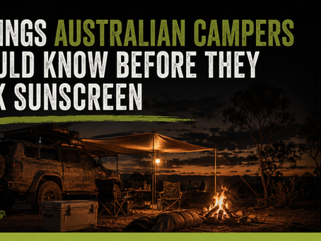 A gritty charcoal-black campaign-poster image headlined "7 Things Australian Campers Should Know Before They Pack Sunscreen" over a moody dusk campsite scene with a ute and canvas awning, showing EcoZinc zinc sunscreen.