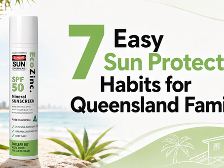 Graphic featuring the listicle title “7 Reef-Safe Sun Protection Habits for Australian Family Beach Days” with Reef Safe Australia zinc sunscreen