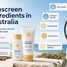 Infographic-style hero image showing unbranded SPF50+ sunscreen bottles beside a magnified sunscreen label, with ingredient callouts for zinc oxide, titanium dioxide, avobenzone and octocrylene, set against a bright Australian beach background.