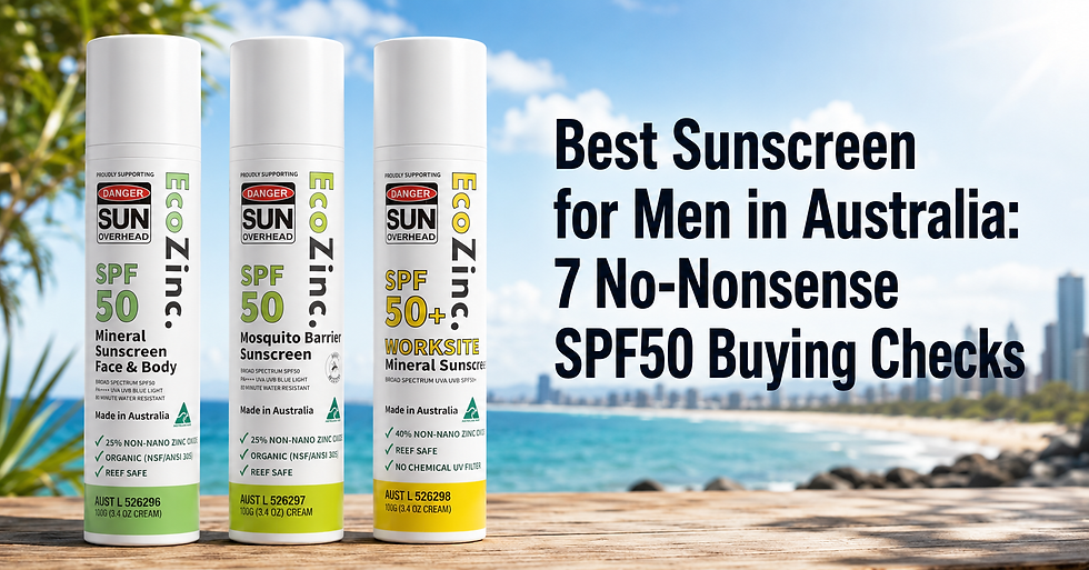 Graphic featuring the title “Best Sunscreen for Men in Australia: 7 No-Nonsense SPF50 Buying Checks” with EcoZinc zinc sunscreen as the hero product image in a clean, bright outdoor design.