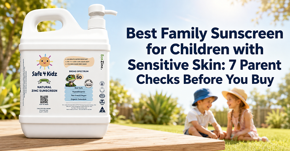 Promotional image for “Best Family Sunscreen for Children with Sensitive Skin: 7 Parent Checks Before You Buy” featuring Safe4Kidz zinc sunscreen in a bright, family-friendly design.