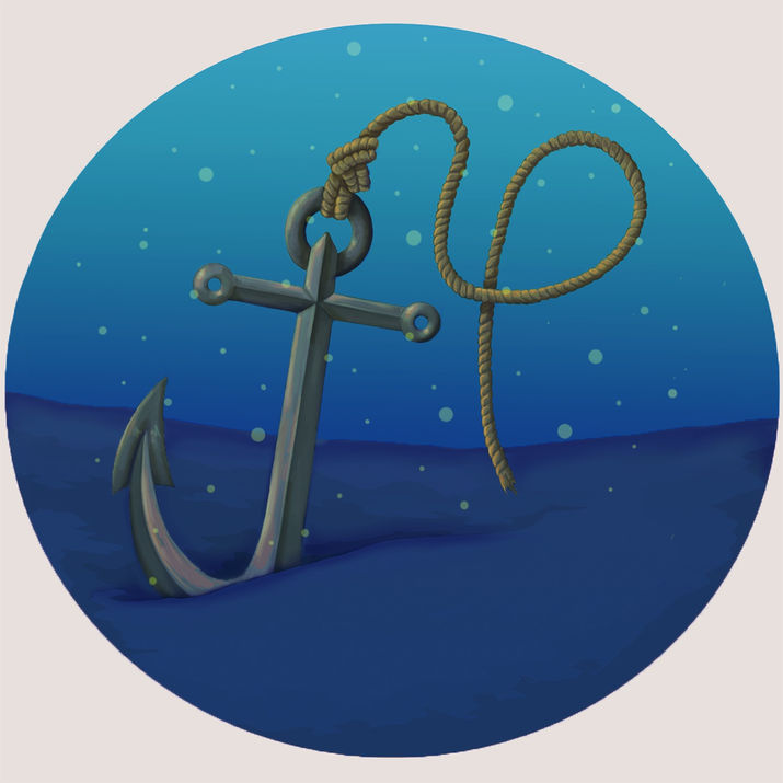 An anchor sits in the sand and a rope floats to the right. The shapes make up the initials JP