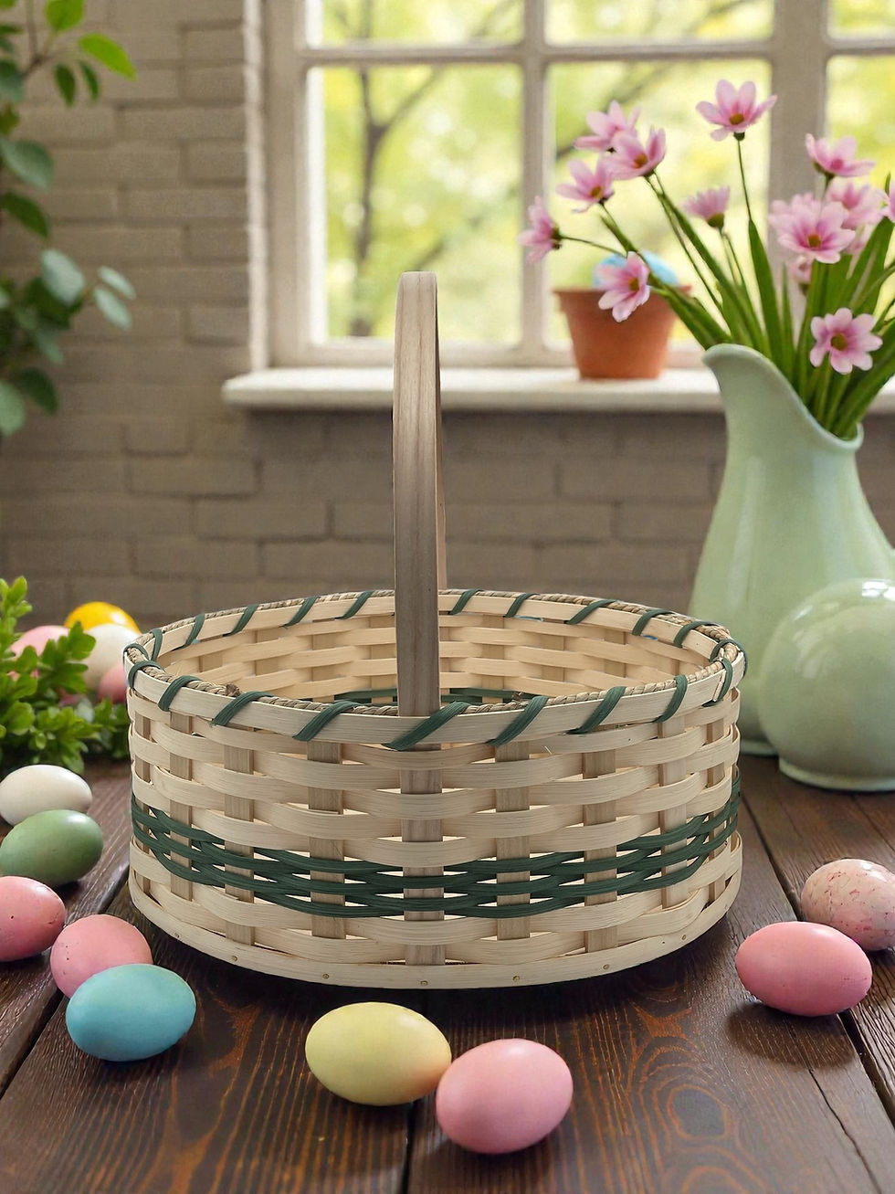 Thumbnail: Handmade green and white woven basket with handle