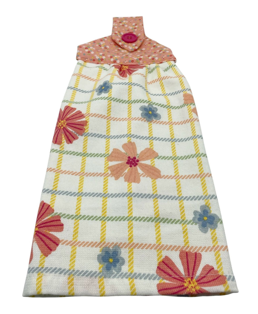 Thumbnail: Handmade Light Coral Flowered Dishtowel on White Plaid Cotton Towel