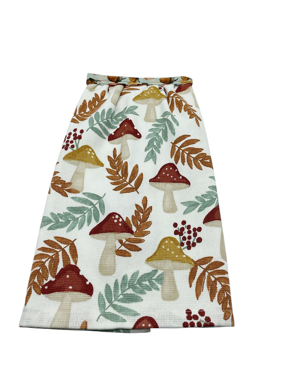 Thumbnail: White towel with mushrooms and leaf designs. Autumn style home decor.