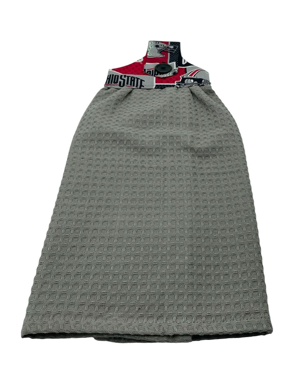 Thumbnail: Grey waffle weave kitchen towel Ohio State Buckeyes logo, hanging loop.