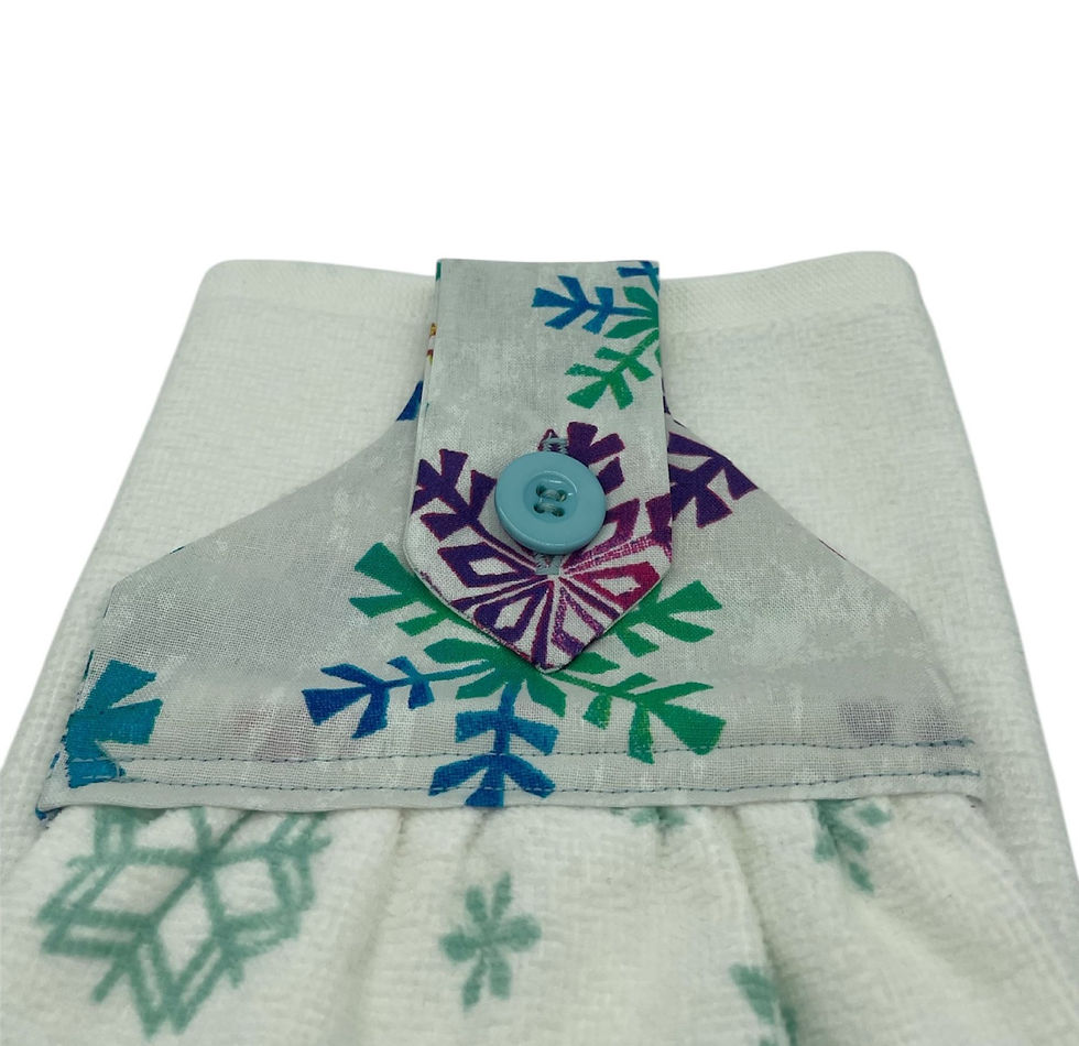 Thumbnail: White hand towel with gray snowflake strap and blue button