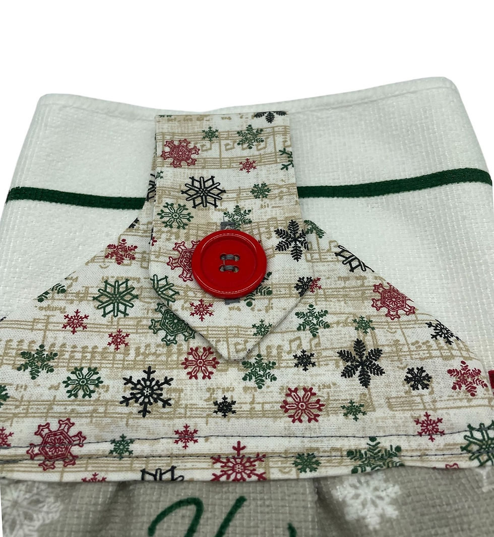 Thumbnail: White towel with red button and snowflake pattern