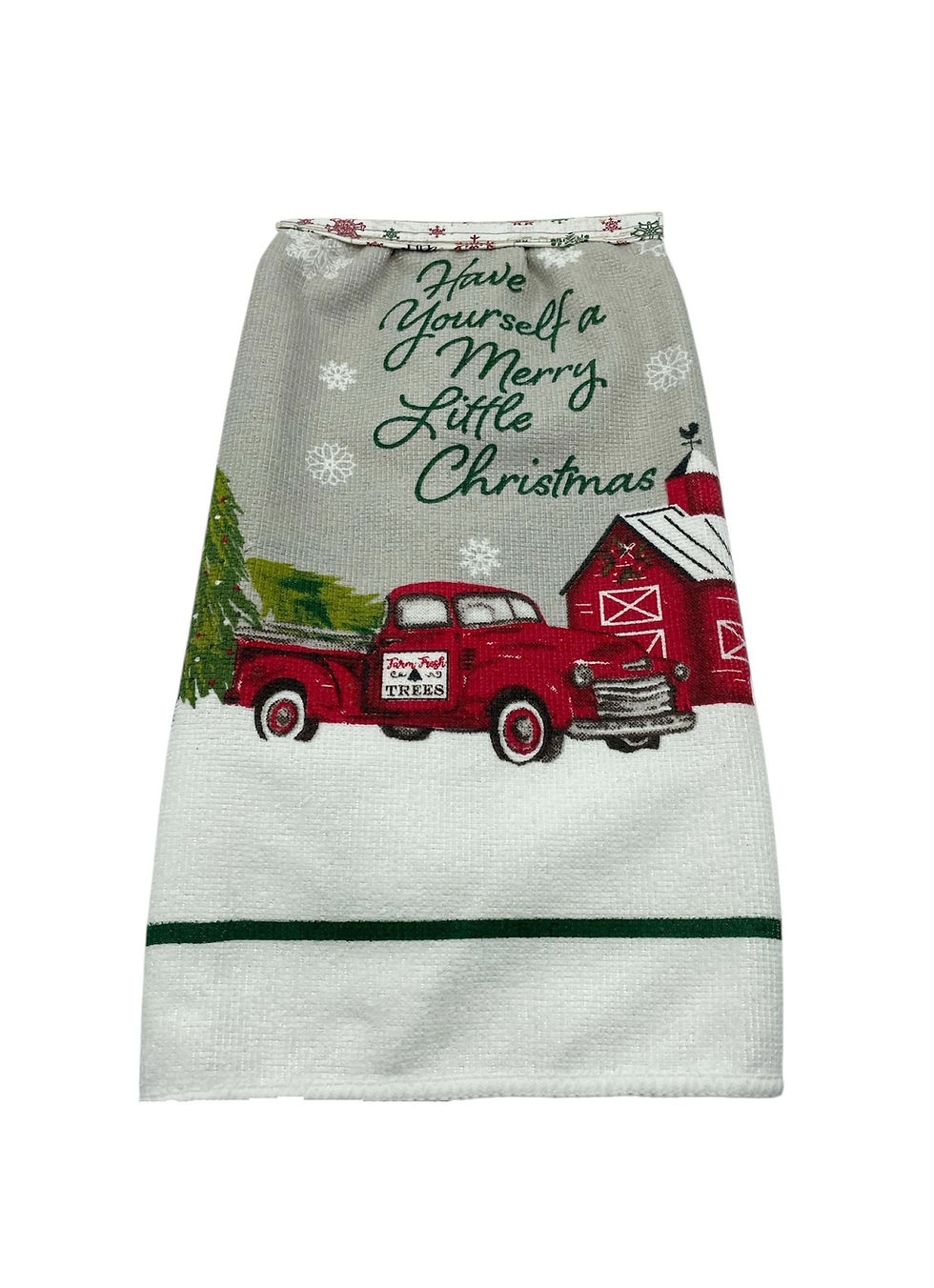 Thumbnail: Christmas towel with red truck, barn, and 'Merry Little Christmas' text