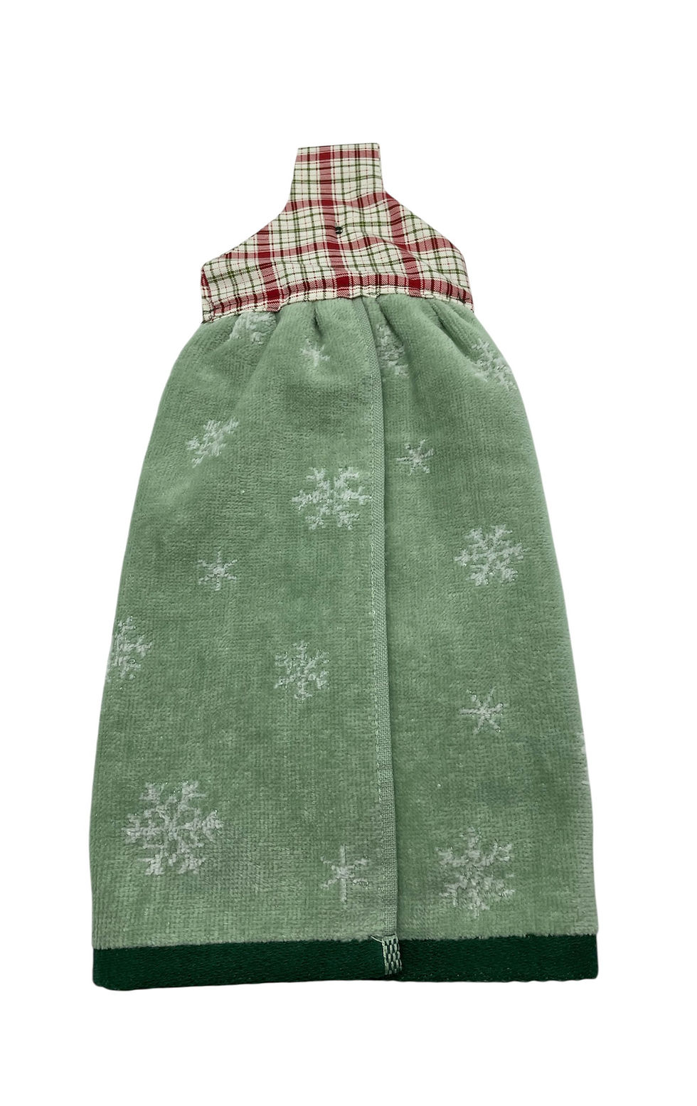 Thumbnail: Green towel with white snowflakes and plaid hanging loop