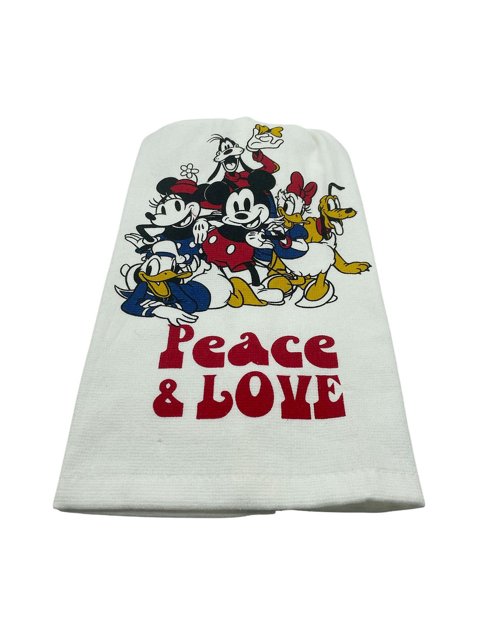 Thumbnail: White dishtowel: Mickey, Minnie, friends; Peace & Love