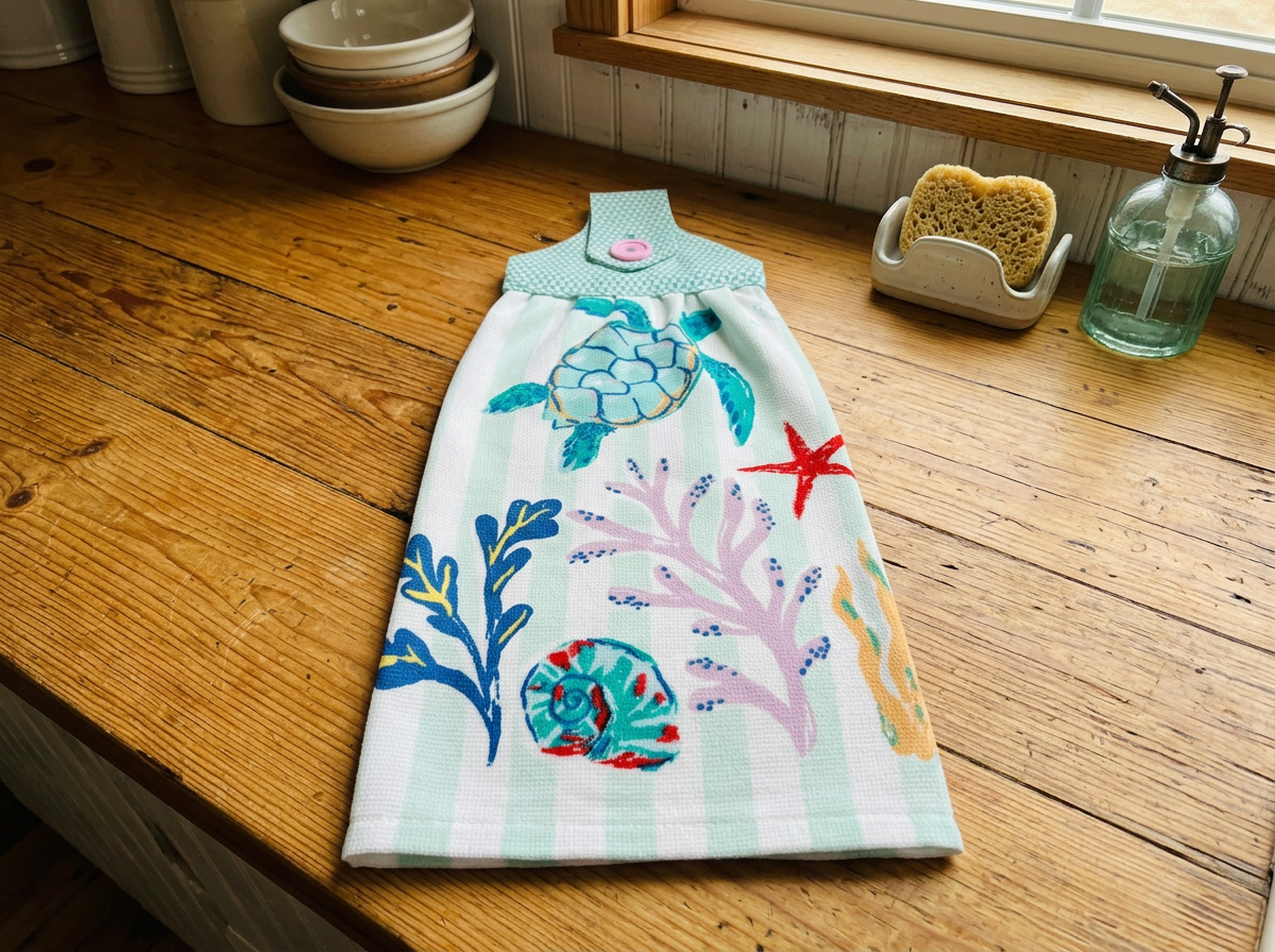 Handmade Sea Turtles Dishtowel on Turquoise Striped Cotton Towel