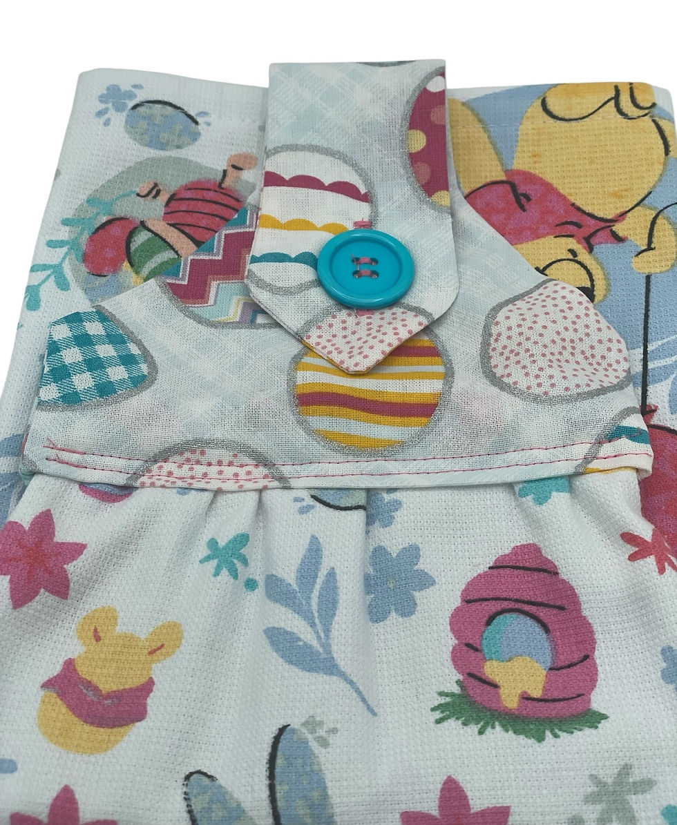 Thumbnail: Easter dishtowel with patterned eggs and blue button