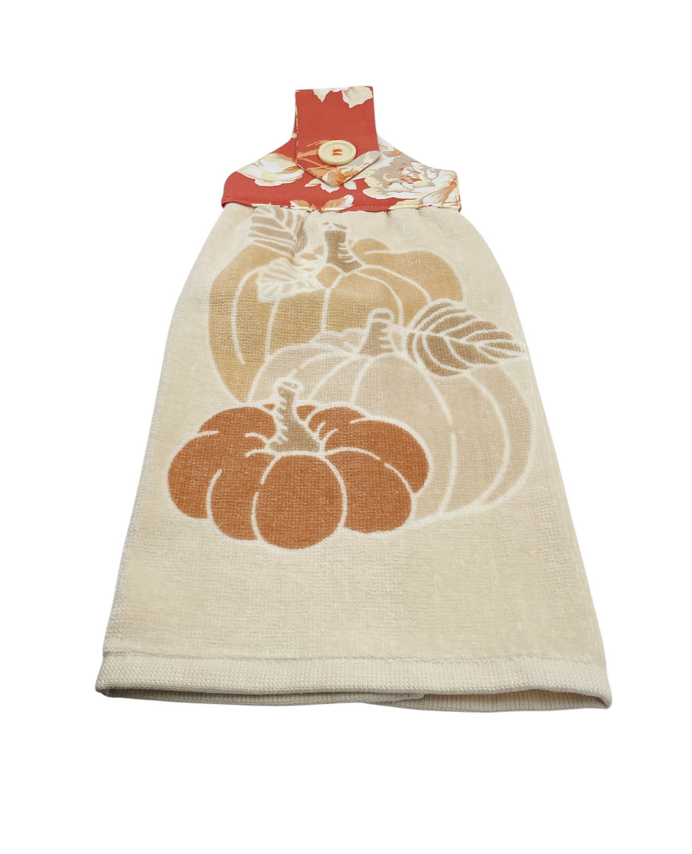 Thumbnail: Fall Handmade Hanging Dishtowel Orange Brown Beige Pumpkins Beige Towel