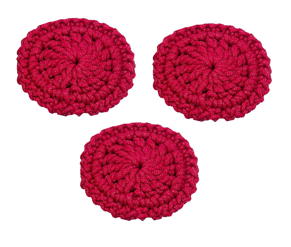 Thumbnail: Three crimson crochet coasters