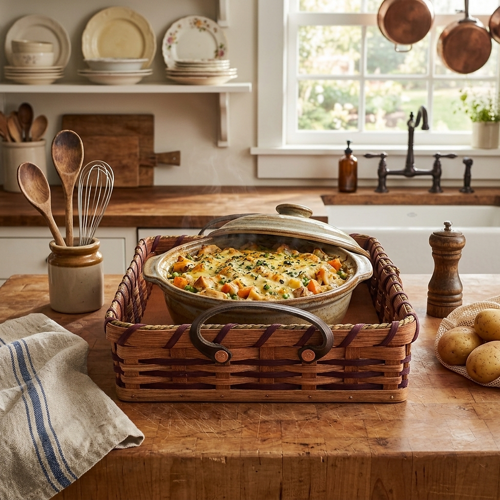Steaming casserole dish in a rustic kitchen