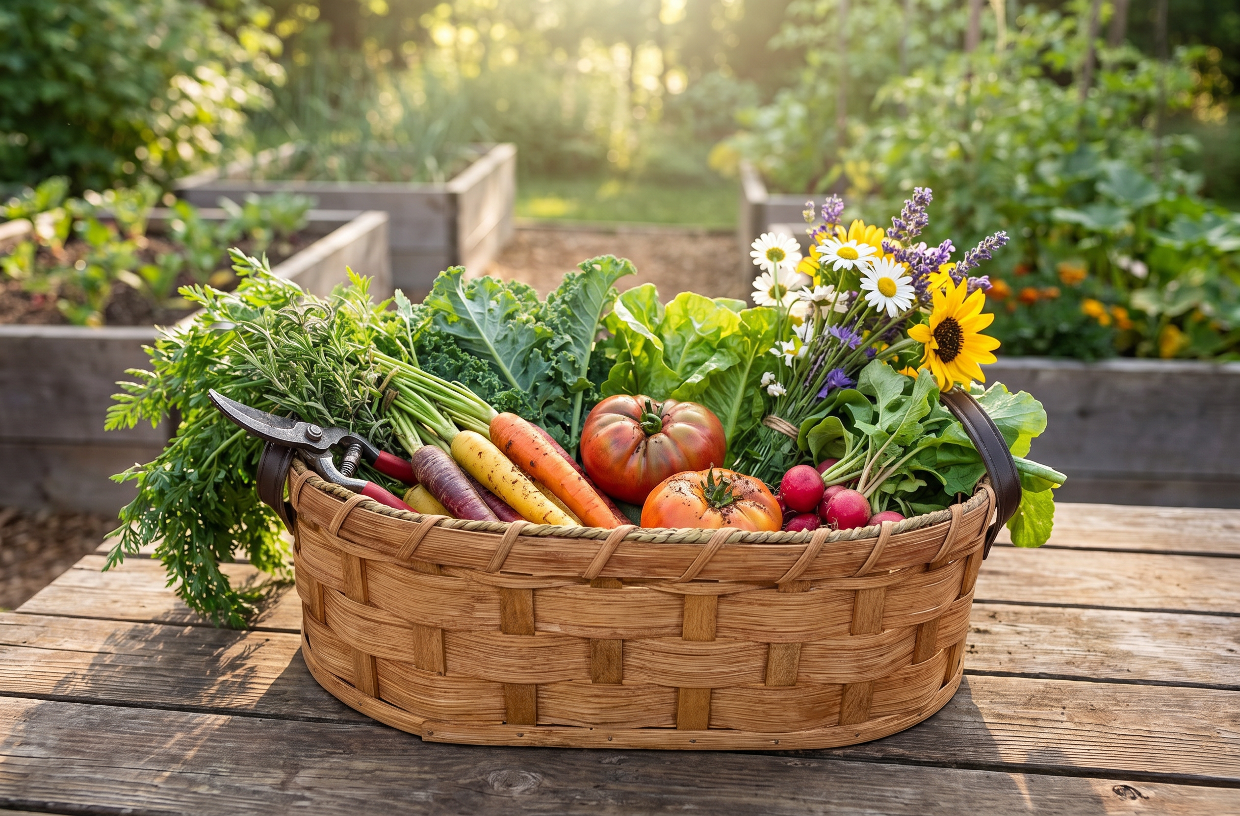 Amish storage basket filled with garden vegetables and flowers